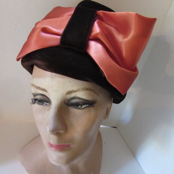 SALE Vintage Bucket Hat Brown Velvet Copper Satin Bow main image 8